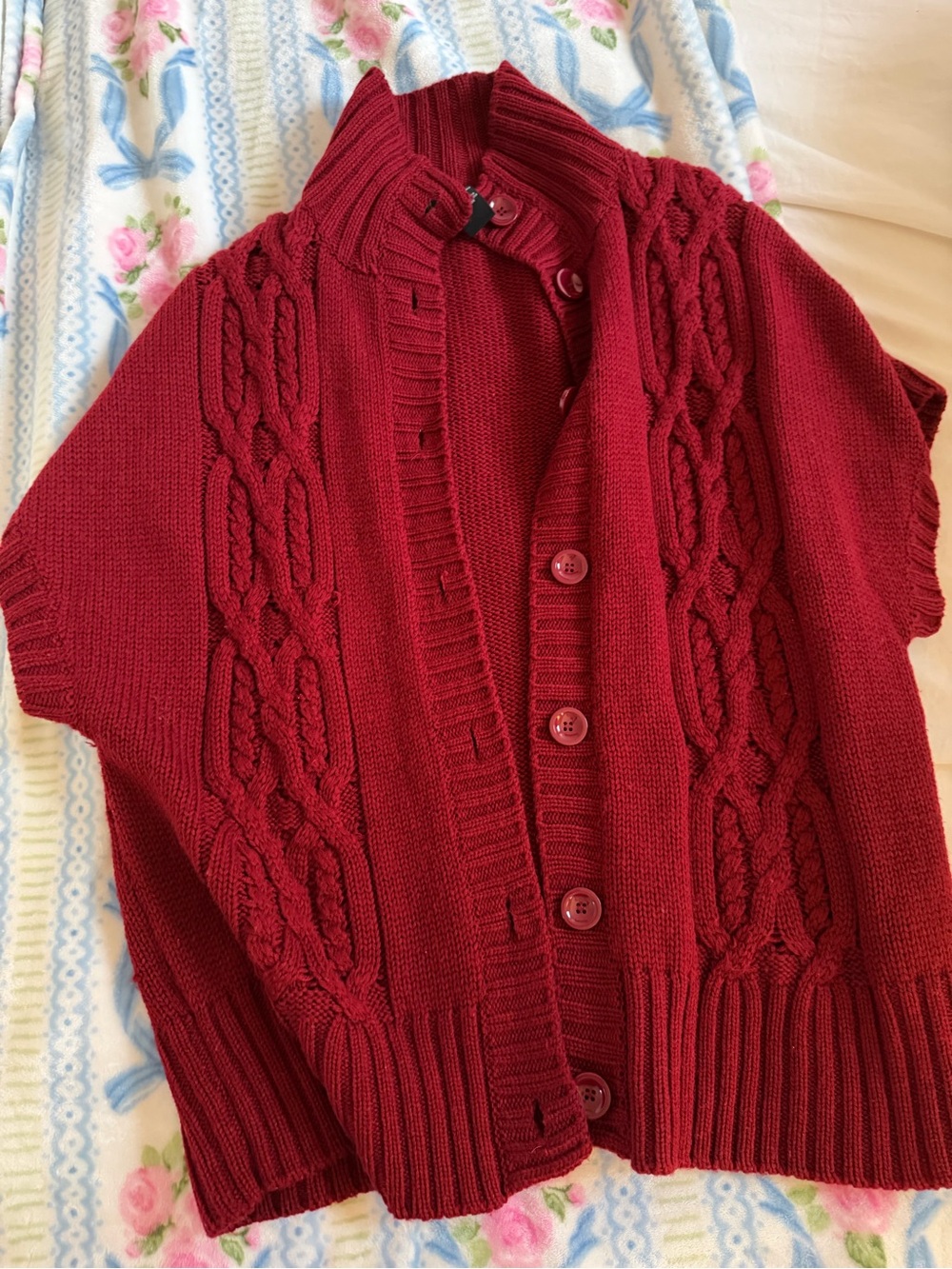 Button-Front Cable Knit Cardigan Sweater - Red